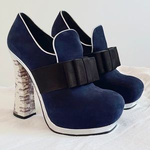 MIU MIU Blue Suede Platform Bootie Satin Bow Snake Heel US7